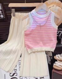 Striped Sleeveless Top & Pleated Plazo Set
